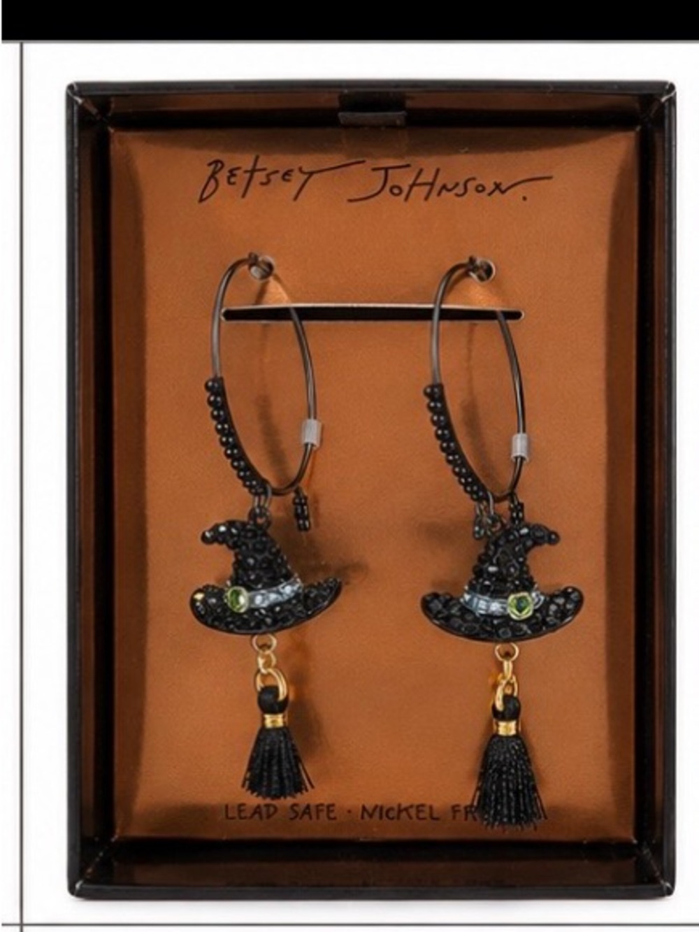 Betsey Johnson Halloween Black Rhinestone Witch Hat Tassel Earrings NIB